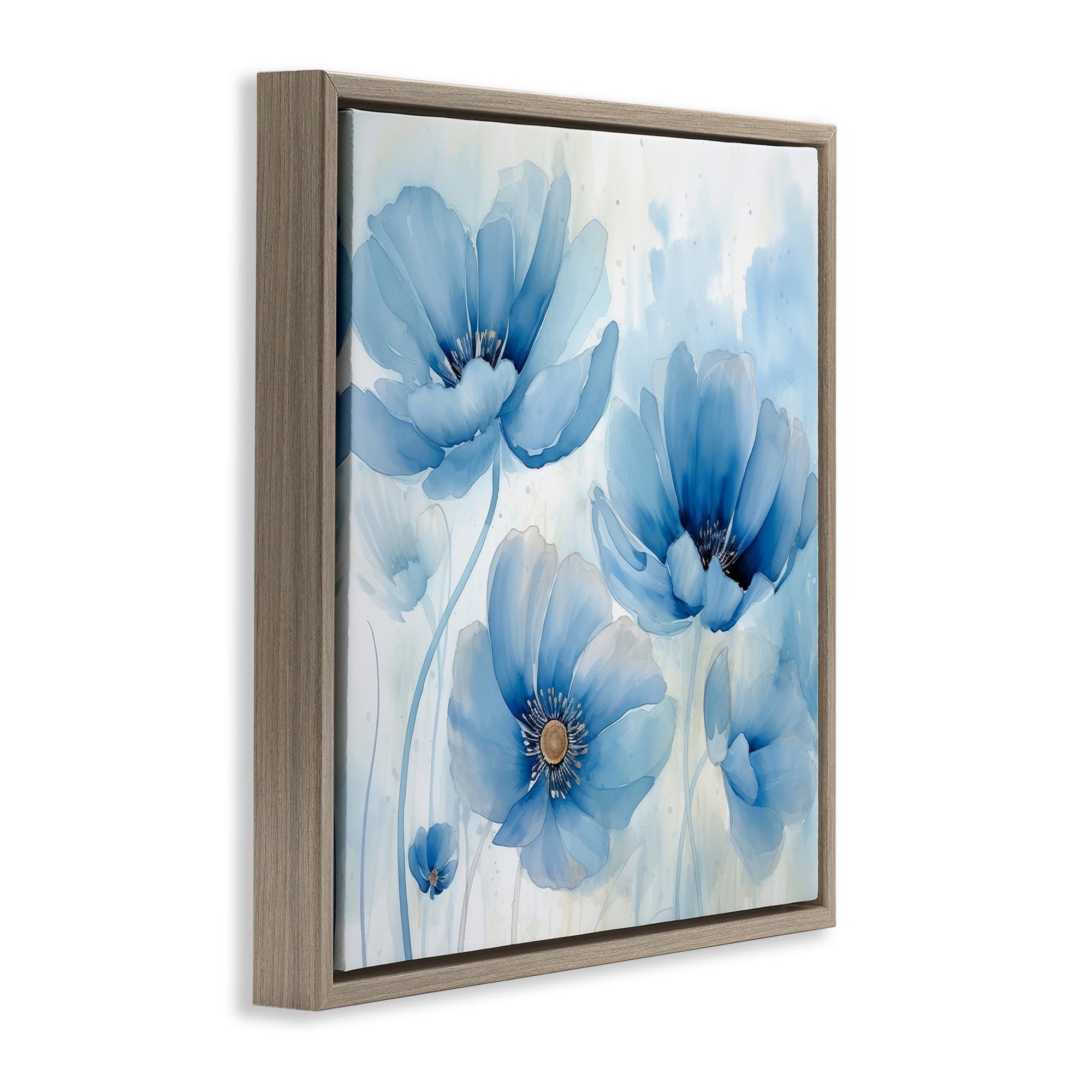 Stupell Industries Blue Poppies Ombre Plants & Flowers Painting Brown Floater Framed Canvas Art Print Wall Art, 25 x 25