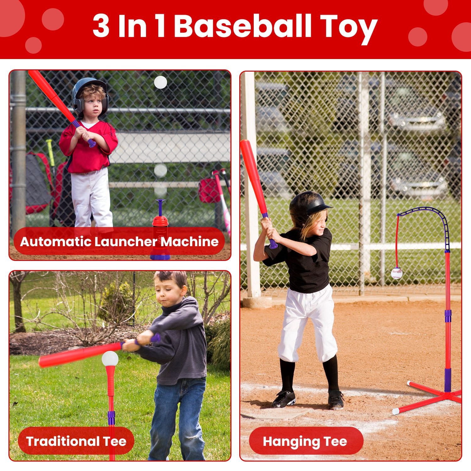 Imountek 3 in 1 Baseball Toy Set for Toddlers & Kids Ages 3-5, Tee Ball Stand Hanging Tee Automatic Ball Launcher with Adjustable Height for Indoor Outdoor Sports