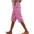 thumbnail image 2 of Axiiglly Bermuda Cotton Linen Shorts for Women High Rise 4 Pockets Stretch Waist Long Shorts Beach Holiday Cropped Pants, S-2XL, 2 of 9
