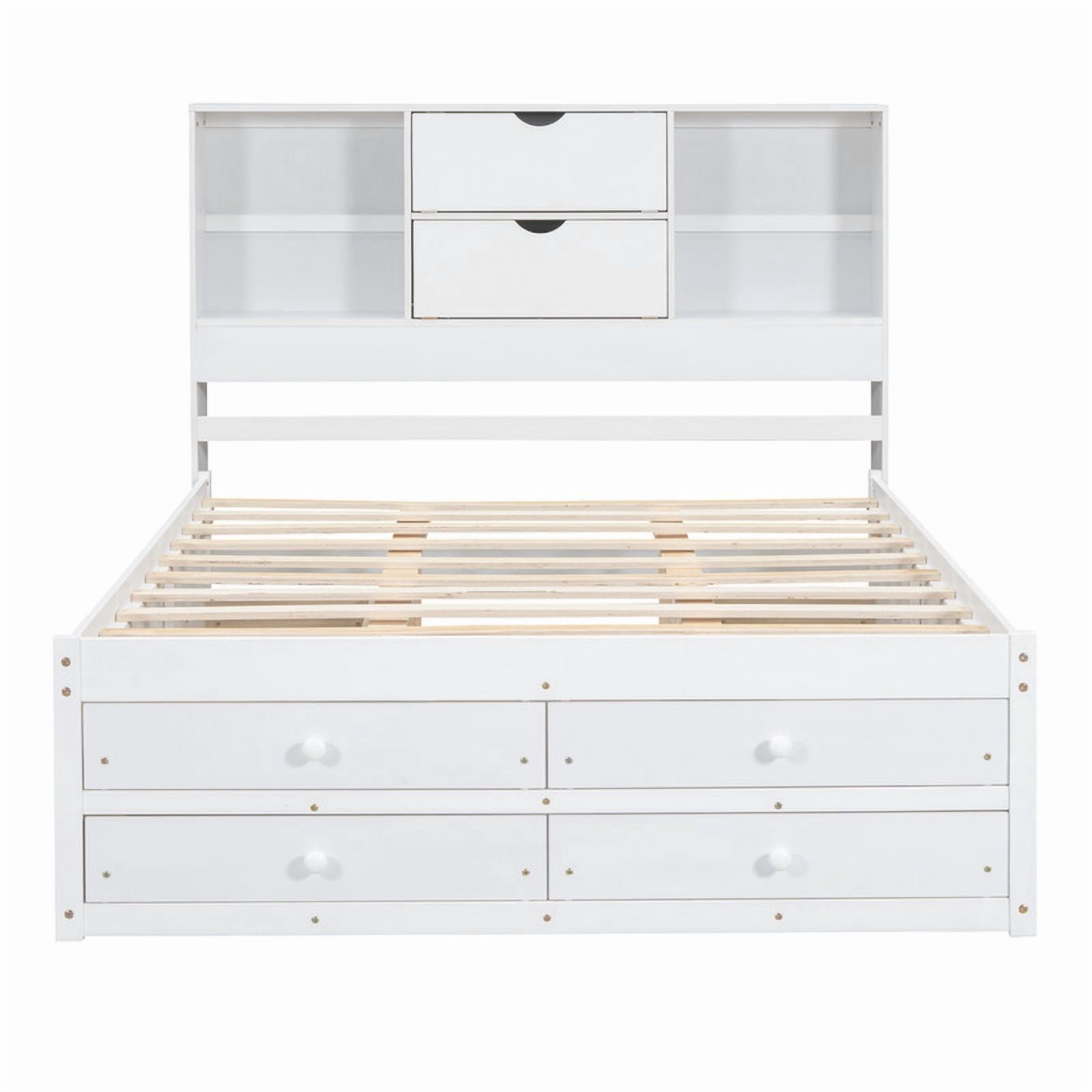 Queen Size Platform Bed with Bookcase Headboard, Storage Wooden Bed Frame with 8 Drawers