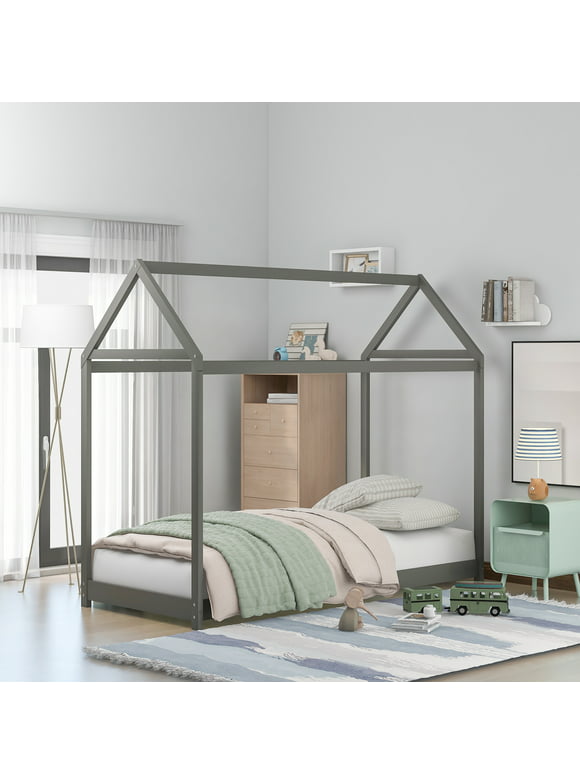 Twin Size Wooden House Bed, Gray(New)
