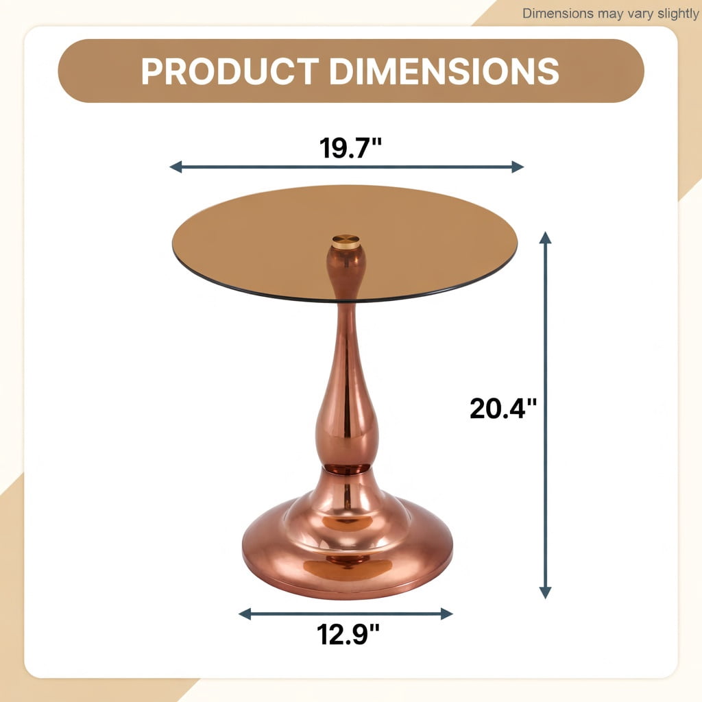 Hommoo Modern Metal Side Table with Tempered Glass Top, 20.3 in Height, 19.6 in Round Tabletop for Bedroom, Living Room, or Patio, Rose Gold
