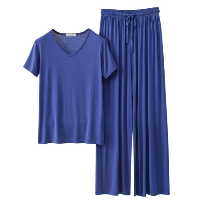 Women Homewear Solid Color Loose Pajamas Short Sleeve T Shirt Drawstring Wide Leg Pants Sleepwear 2 Piece Set