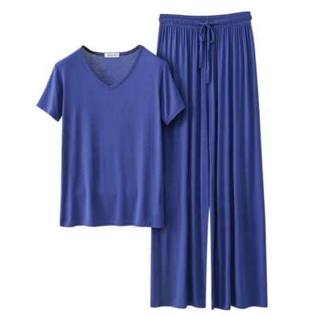 UJNDER Women Homewear Solid Color Loose Pajamas Short Sleeve T Shirt Drawstring Wide Leg Pants Sleepwear Two Piece Set Pant Suits for Women Blue XL