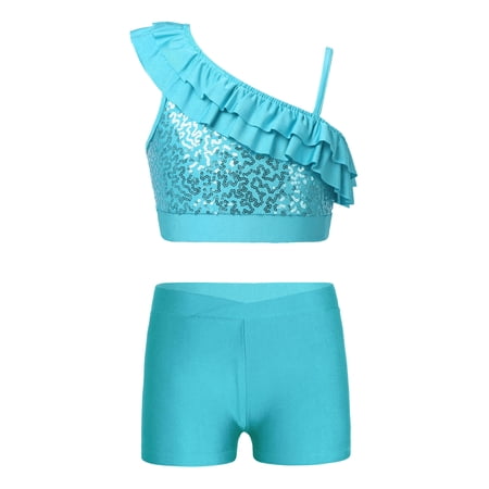 ZDHoor Girls Gymnastic Dance Outfits Sequin Asymmetrical Shoulder Ruffle Crop Top with Shorts Set Lake Green 14