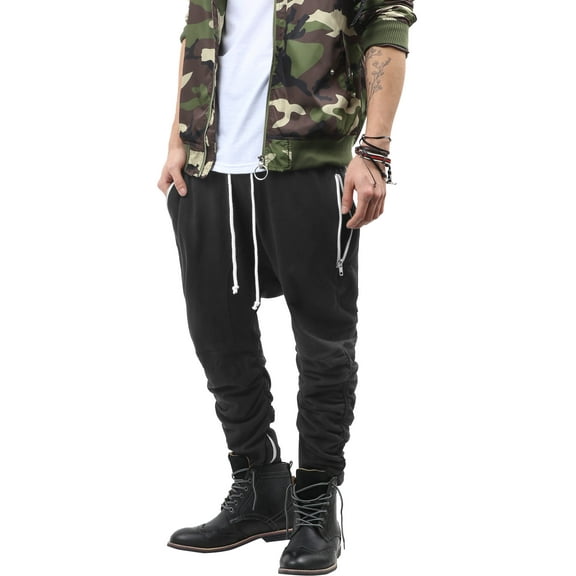 Ma Croix Mens Drop Crotch Jogger Zippered Stretch Elastic Lightweight Pants