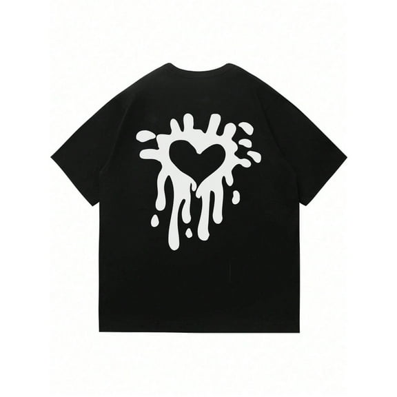 Men's Heart Print Tee, Short Sleeve T-Shirt，Interesting design，Casual Top for Summer，Loose，cotton，black，S-5XL