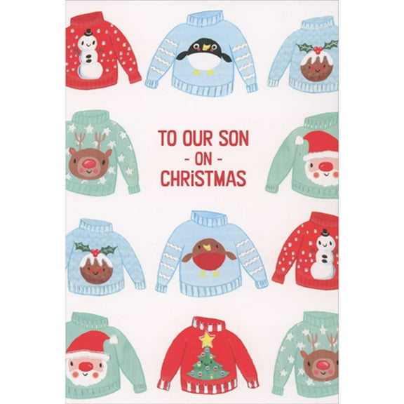 Pictura Eleven Blue, Red and Green Sweaters with Holiday Images Funny Christmas Card for Son
