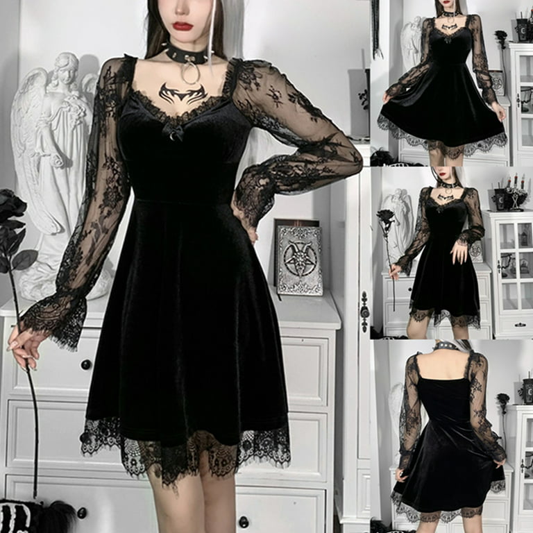 Women Y2K Gothic Lolita Dress Girls V-Neck Lace Mesh Punk Goth