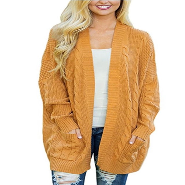 Women‘s Loose Open Front Long Sleeve Solid Color Knit Cardigans Sweater Blouses with Pockets