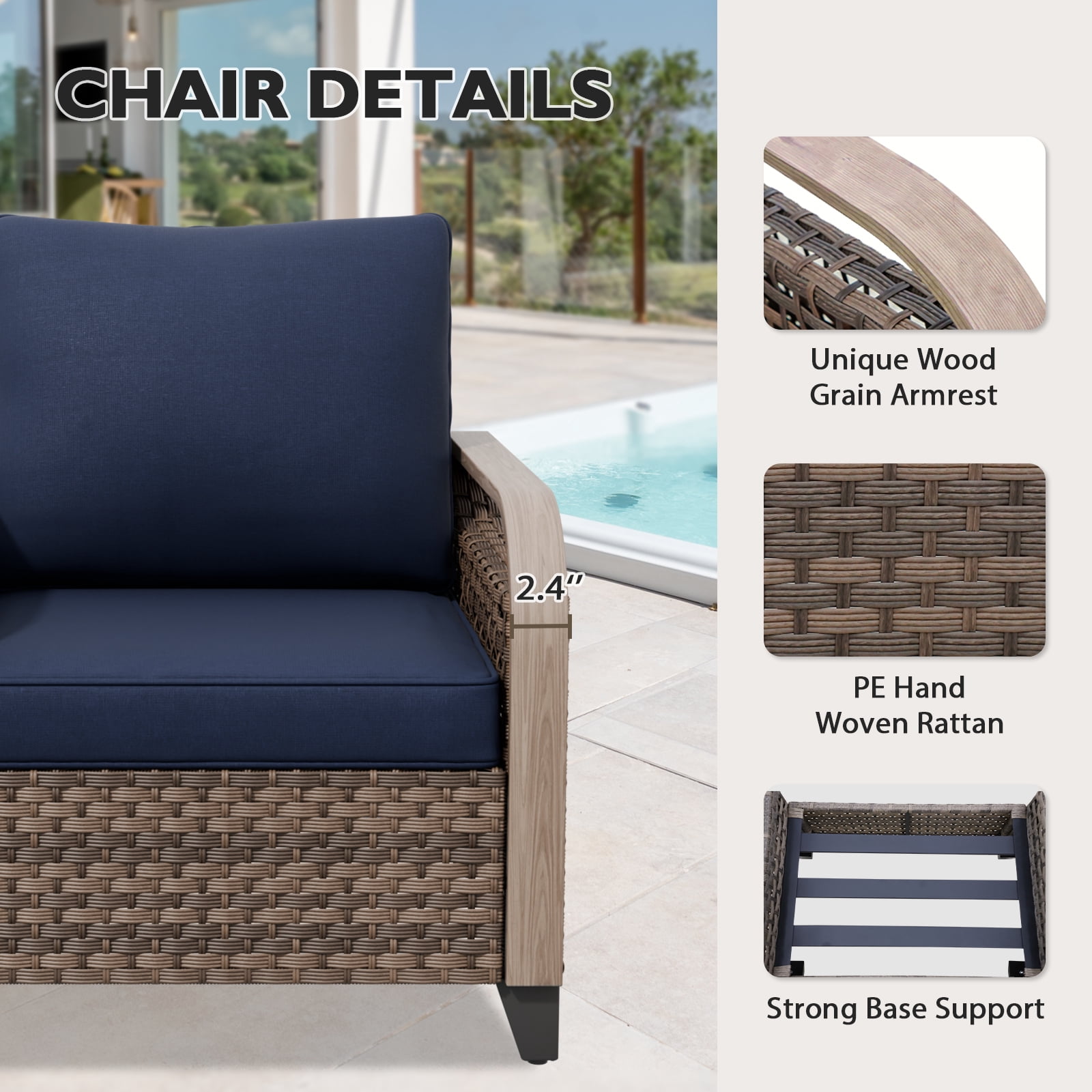 COOS BAY 5 Piece Brown Wicker Patio Sofa Set Outdoor Rattan Furniture Conversation Set 3-Seat Sofa, Dining Chairs and Ottomans with Blue Cushions