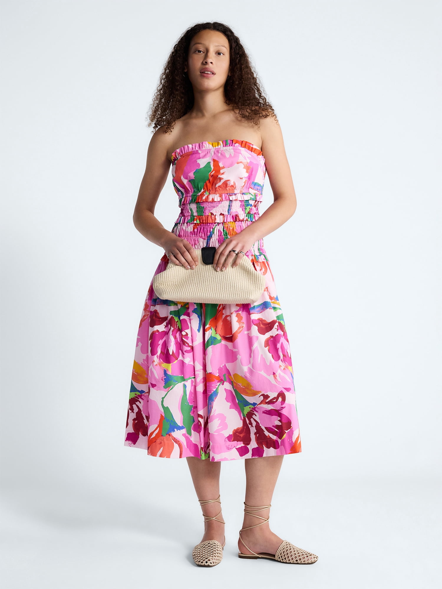 Free Assembly Women's and Women's Plus Strapless Cotton Poplin Tiered Midi Dress, Sizes XS-4X