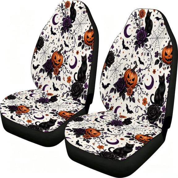 Odenmar Black Cat Pumpkin Halloween Car Seat Covers Front 2-Piece Protectors Mesh Fabric Universal Fit for Trucks Vans Sedans Suvs