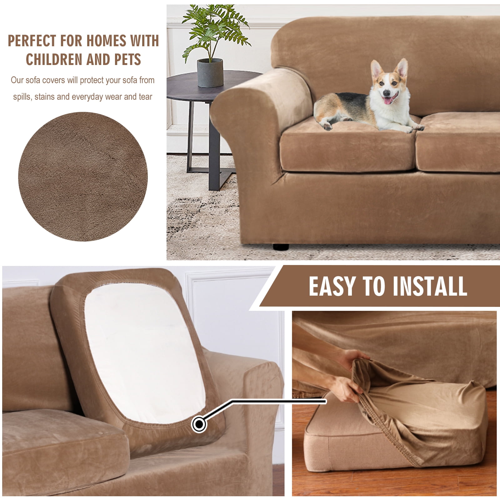 Velvet Plush Sofa Covers, Armhair Loveseat Couch Slipcover with Separate Cushion Cover (Camel, For 3-Seater Sofa)