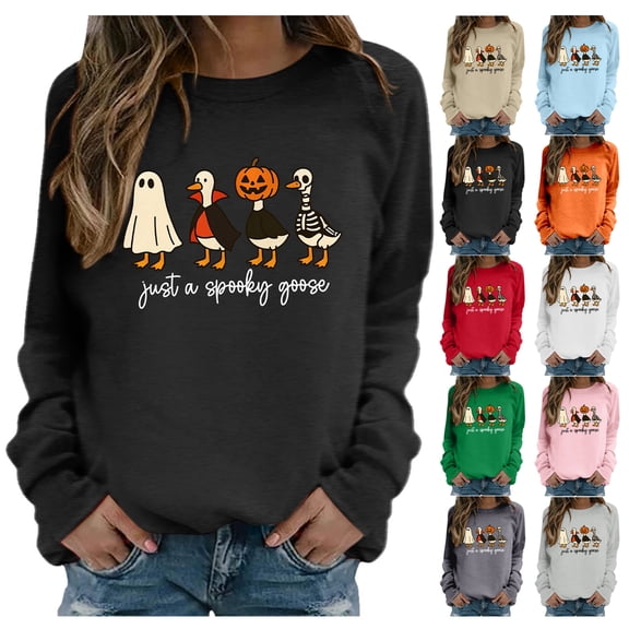 WEIWEN Just a Spooky Goose Sweatshirt for Women Funny Ghost Goose Printed Halloween Sweaters for Women Fall Clothes Womens Tops Women's Clothing Orange, S