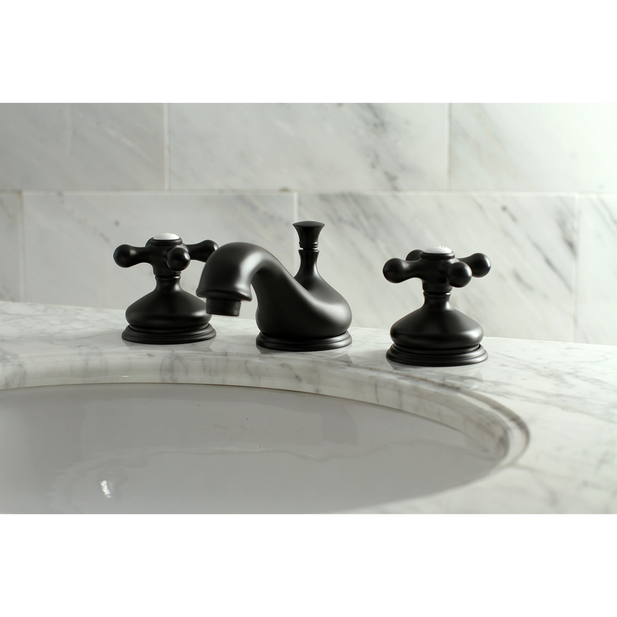 Kingston Brass KS1160AX Heritage Two-Handle 3-Hole Deck Mount Widespread Bathroom Faucet with Brass Pop-Up in Matte Black