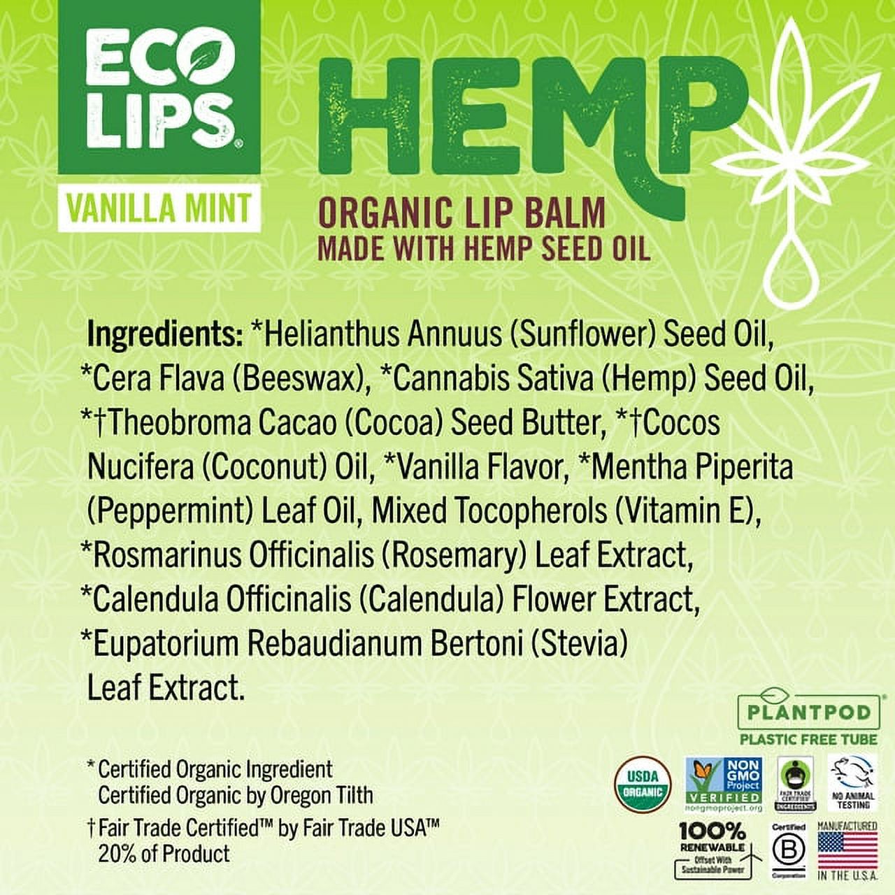 Eco Lips Hemp Vanilla Mint Plant Pod Organic Lip Balm, 6 Pack