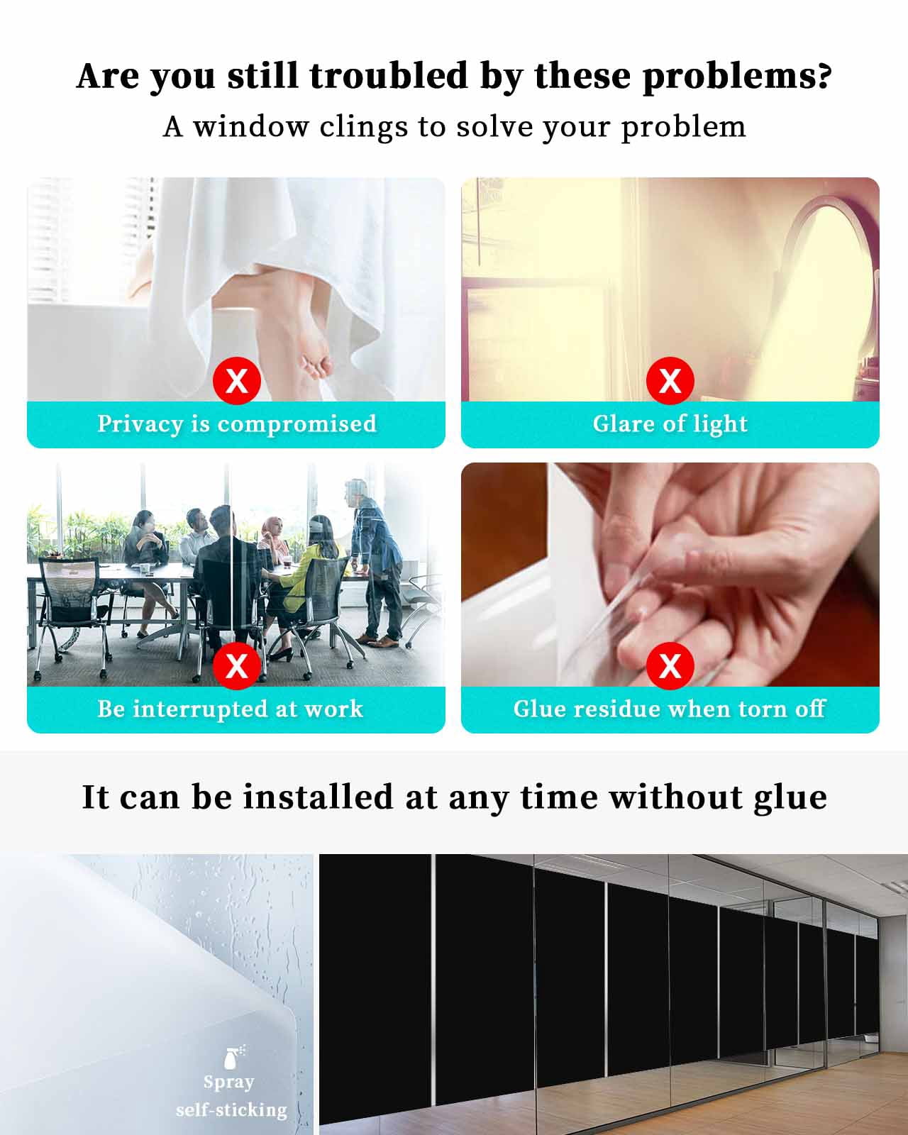 Window Privacy Film, Black UV Sun Blocking Window Tint Film Heat Control One Way Blackout Window Film, Pure Black Solid Color Simple Minimalism Art Non Adhesive Static Cling Sticker 17.7x39.3 In