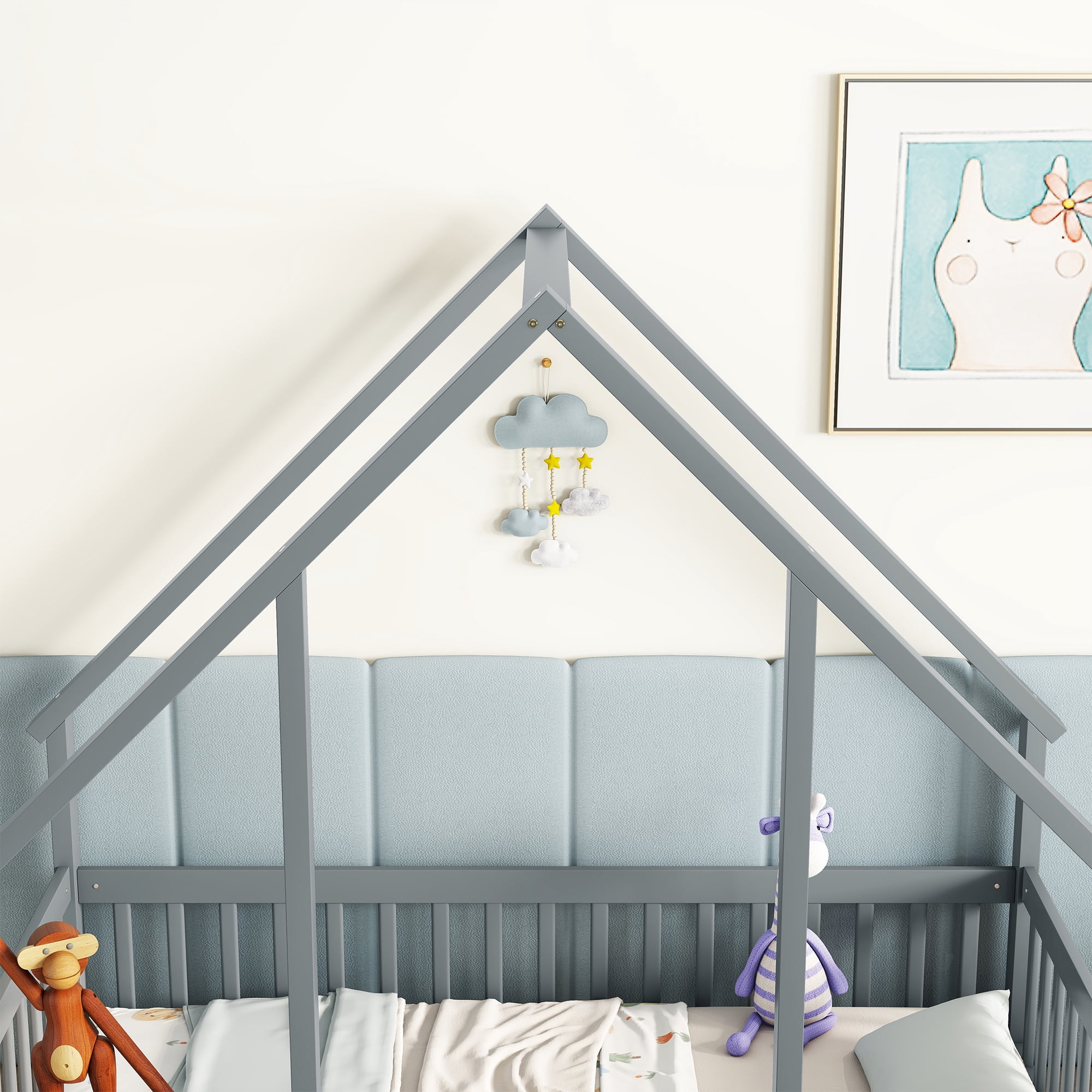 Leumius Twin Wood House-Shaped Floor Bed with Fence, Guardrails for Boys Girls Grey