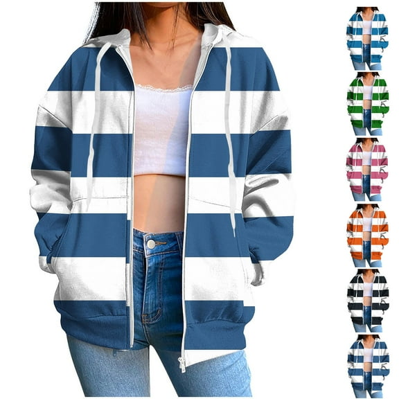 Fashion Zip Up Hoodie Sweatshirts for Womens Plus Size Solid Color Blocked Striped Printed Pocket Zipper Long Sleeved Hooded Sweatshirt Coat Outwear
