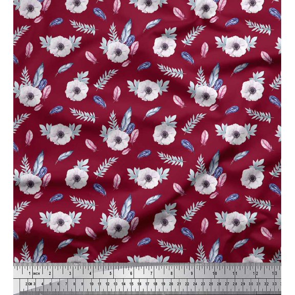 Soimoi Red Cotton Poplin Fabric Feathers & Anemone Floral Printed Craft Fabric 1 Yard 58 Inch Wide