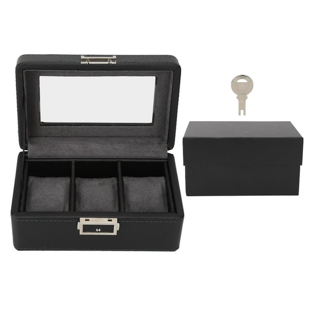 Vitrina de reloj de 3 rejillas, caja de almacenamiento de reloj de una sola capa para ahorro de espacio de cuero PU, para joyería de reloj, color negro