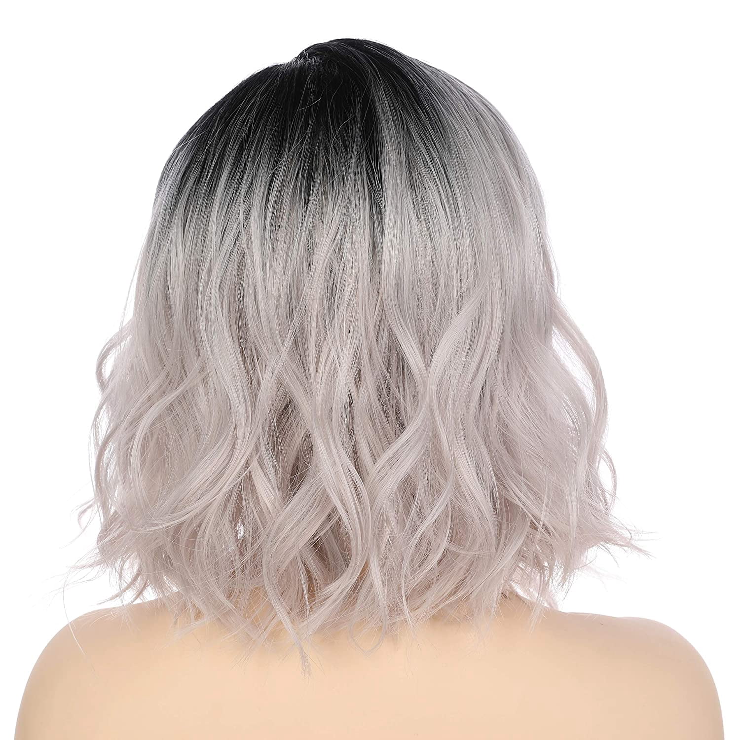 Onedor Side Part Lace Front Short Wavy Hair Bob Wigs for Women (Black Root Ombre Silver Grey)