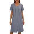 thumbnail image 5 of Women's Front Zipper Housecoat, Short Sleeve Pleated Duster Robe, Loose Fit Casual Nightgown Loungewear with Pockets, 5 of 7