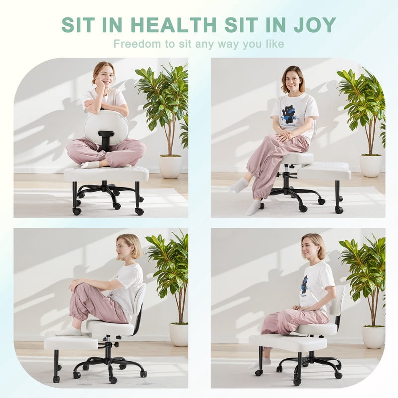 Lacoo Ergonomic Cross Legged Swivel Office Chair,ADHD & Meditation Chair with Retractable footrest,Adjustable Height with Back Support,PU Leather,White