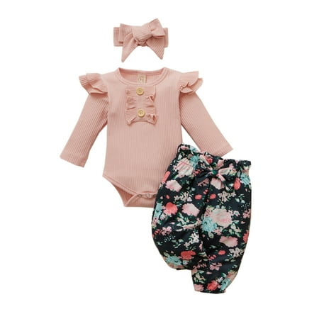 

Sunisery Toddler Long Sleeves Romper Floral Pants Headband Outfits Set for Baby Girls Pink 6-9 Months