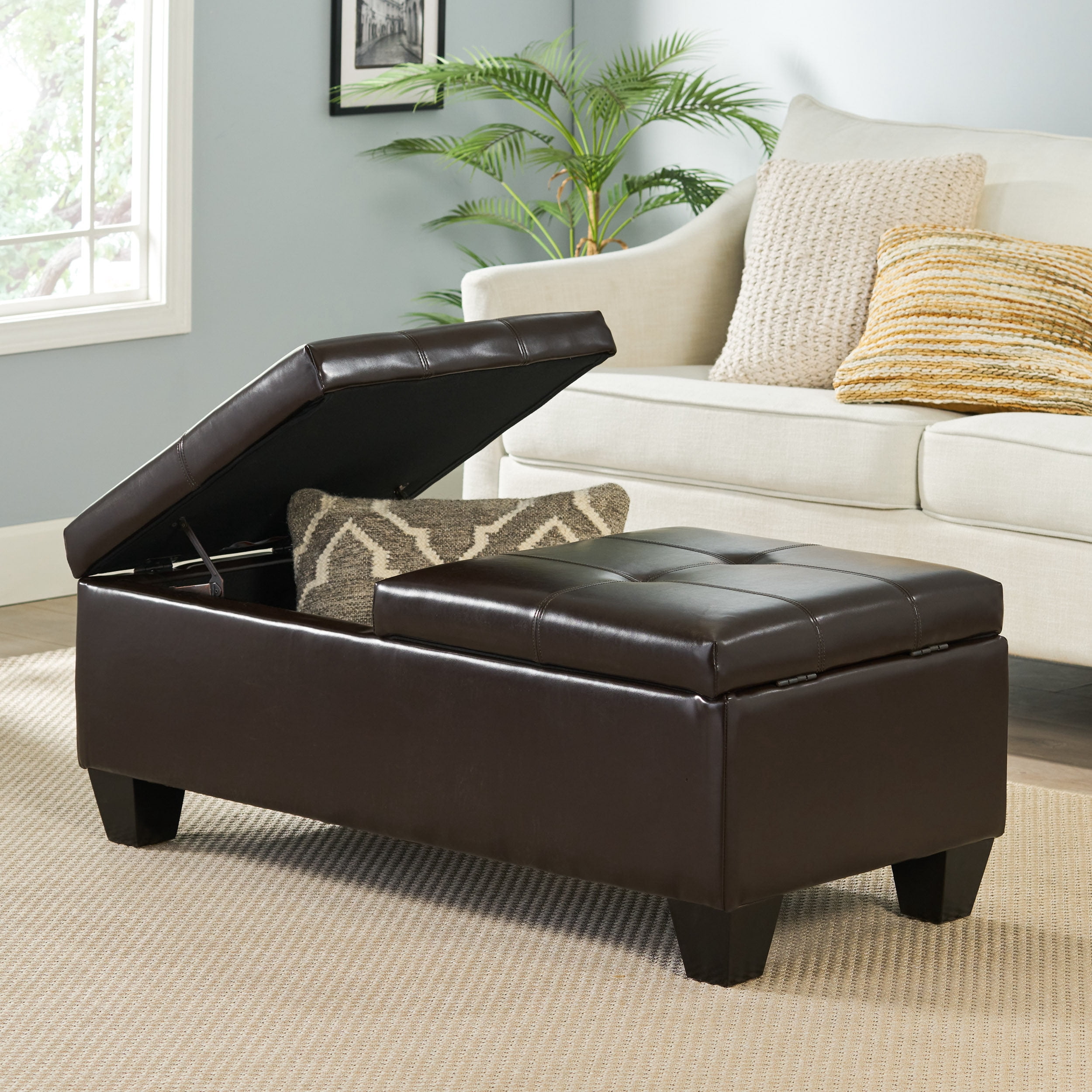 Noble House Logan Chocolate Brown Bonded Leather Storage Ottoman