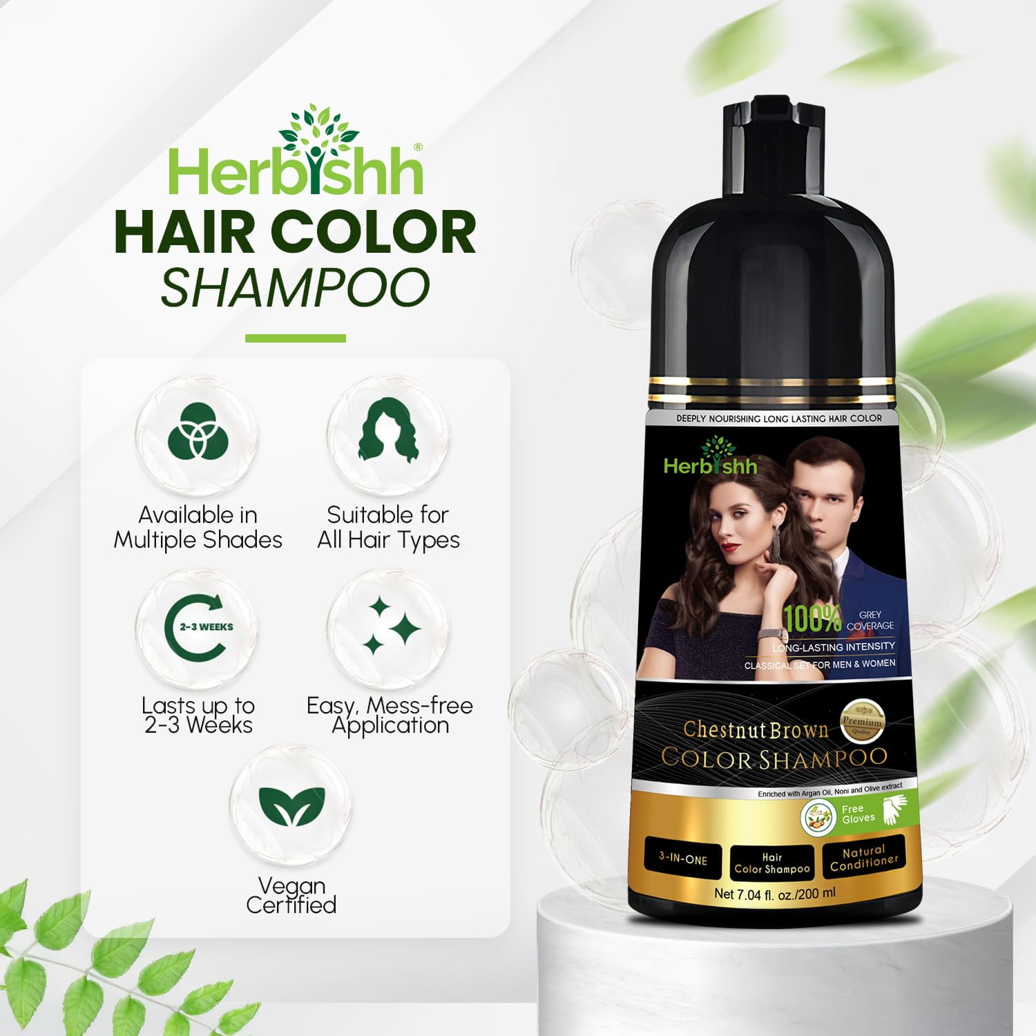 (2 pack) Herbishh Chestnut Brown Shampoo, Hair Dye Shampoo 3 in 1, 100% Grey Coverage, Demi-Permanent Hair Color for Men & Women, Long-lasting Color in 20-25 Mins, Ammonia-free, 200 ml