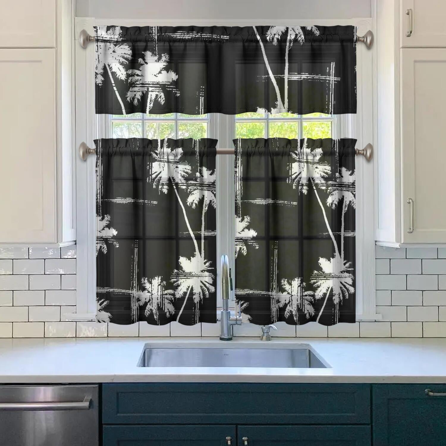 Tropical Palm Leaf Curtain Set - 3 Piece Kitchen/Bedroom Curtains With Valance - Light Filtering - View #8