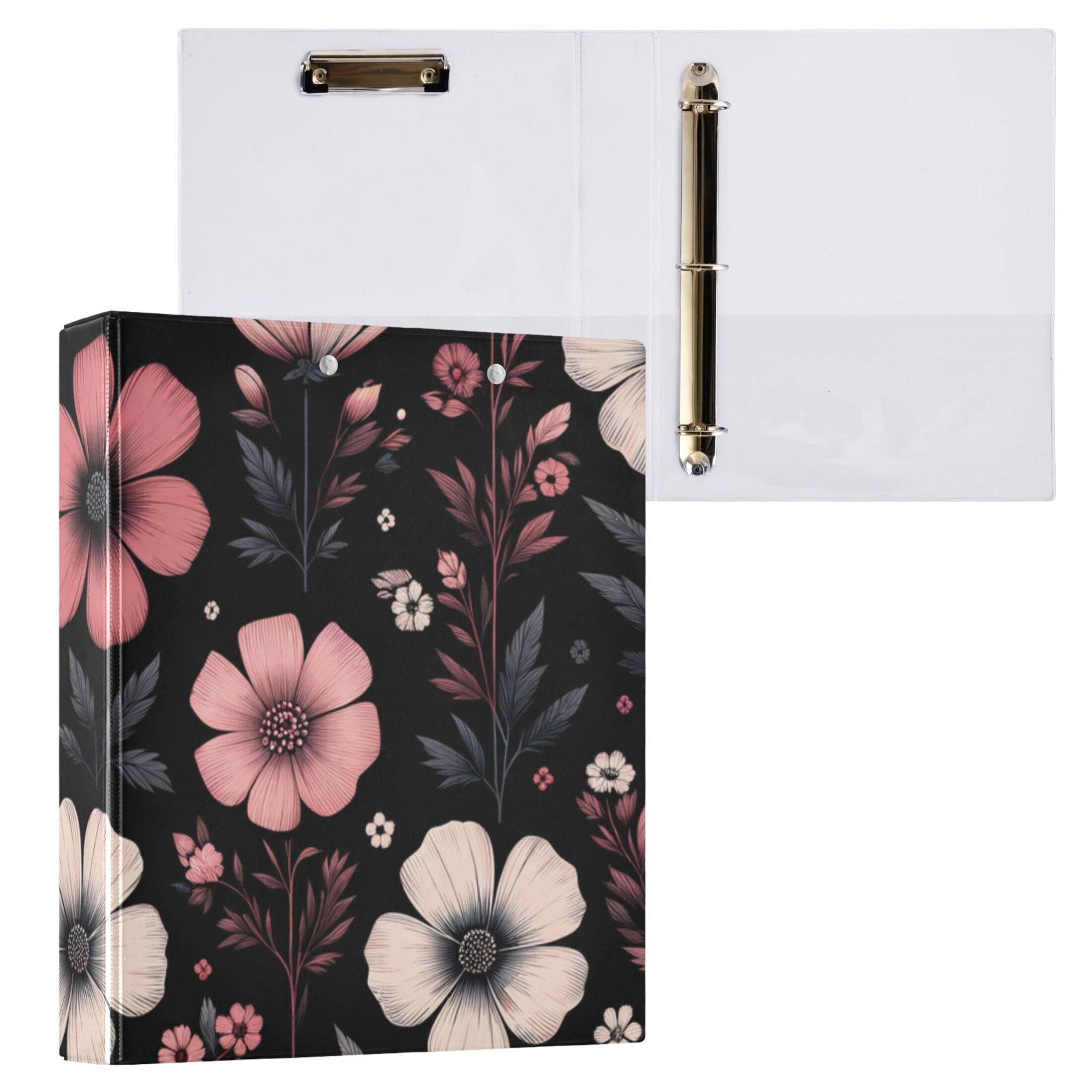 Pink Flower on Black 3 Ring Binders 1.5 inch Hardcover File Folders with Interior Pockets A4 Size Organizer for School Office Hospital