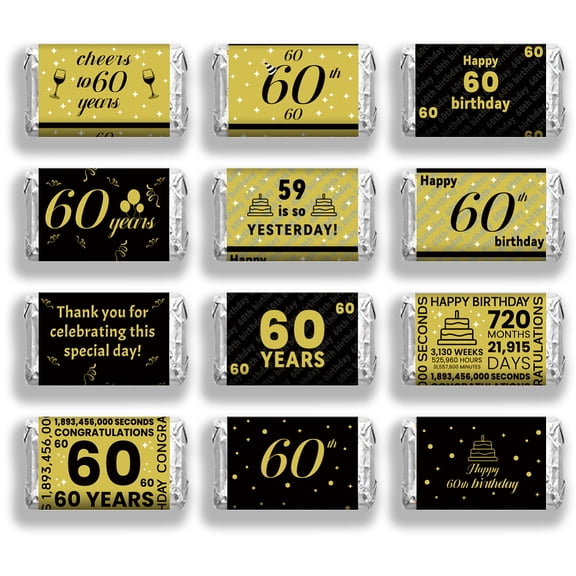 120 Pcs Happy 60th Birthday Mini Candy Bar Wrappers Stars Cake Shiny Gold Foil Chocolate Bar Label Stickers Self Adhesive Stickers