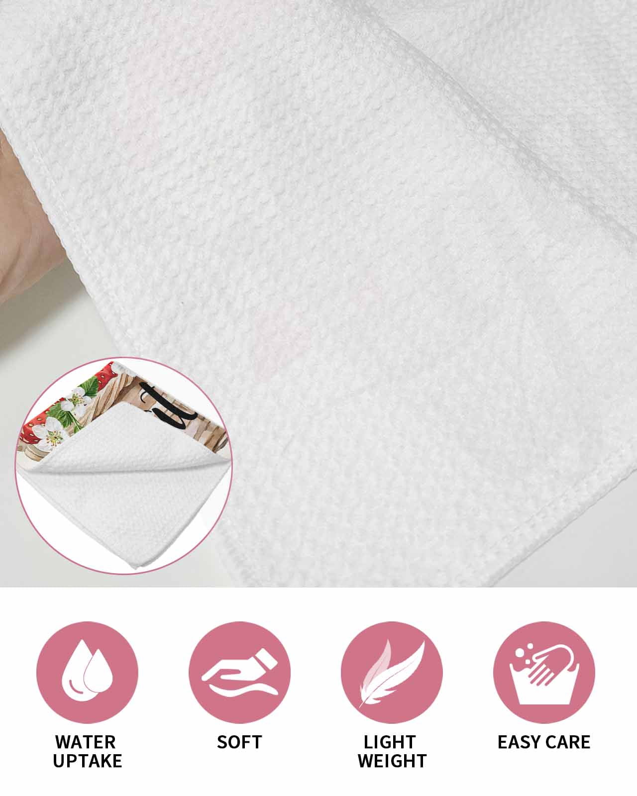 Strawberry Kitchen Dish Towels for Drying Dishes Set of 4, Summer Fruits Basket Botanical Floral Waffle Weave Microfiber Terry Hand Tea Bathroom Towels Quick Dry & Absorbent Towel 12x12