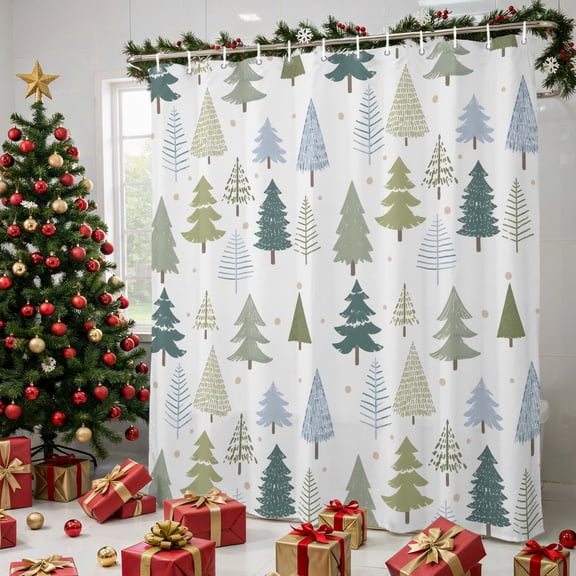 Christmas Shower Curtain for Bathroom, Xmas Tree Snowflake Minimalist Pine Trees Waterproof Fabric Shower Curtain with 12 Hooks, Bathroom Curtain Set for Bathroom Accessories Decor, 72 x 96 Inches