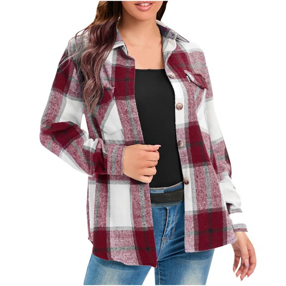 IROINNID Women's Short Shacket Jacket Turndown Lapel Plaid Long Sleeve Plaid Coat Shirt Hoodless Casual Outwear, Wine