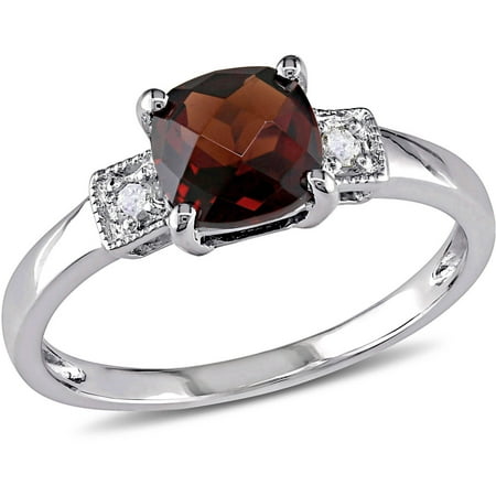 Tangelo 1-1/3 Carat T.G.W. Cushion-Cut Garnet and Diamond-Accent Sterling Silver Three Stone Ring