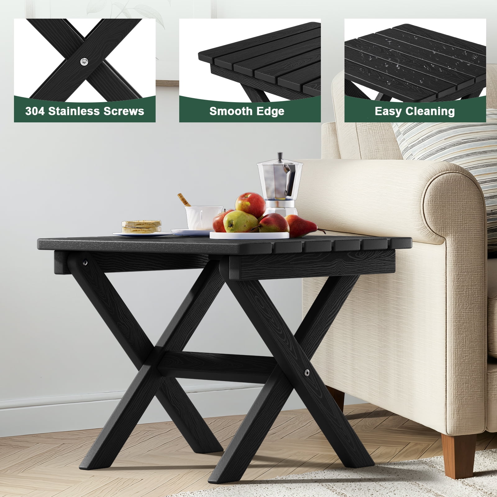 SERWALL Outdoor Small Folding Side Table, HDPE All Weather Adirondack End Table, No Assembly Required, Black