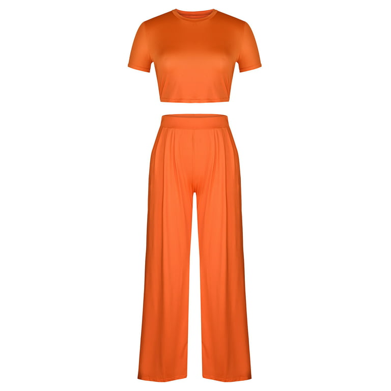 RQYYD Reduced Casual Summer 2 Piece Outfits for Women Short Sleeve Crop Top  High Waist Wide Leg Pants Sets Floral Pleated Plus Size Lounge Set Orange  XXL 
