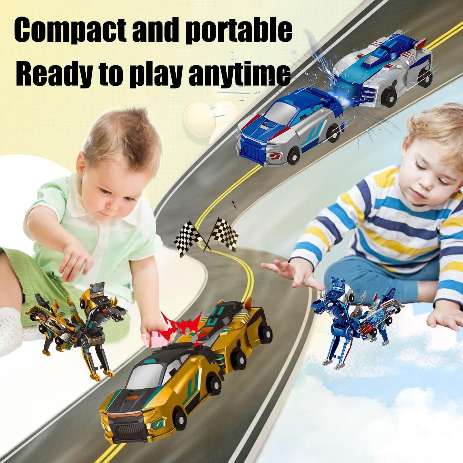 2in1 Transforming Dinosaur Toys，Transformation 2 Pack Car Toy with Collision Transforming Car for Girls Age 4-6 |Party Gift for Birthday, Christmas (Golden Dragon)