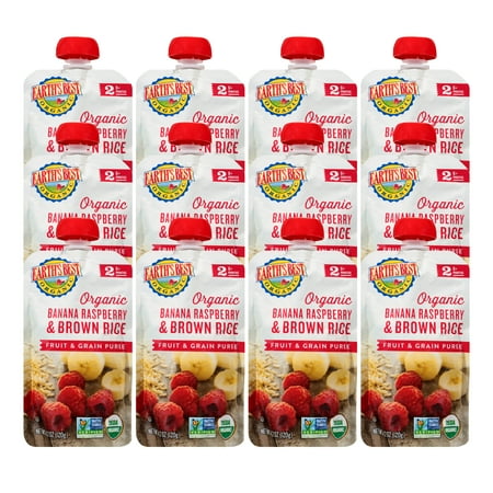 Earth's Best Organic Stage 2 Baby Food, Banana Raspberry & Brown Rice, 3.5 oz Pouches (12 Pack)
