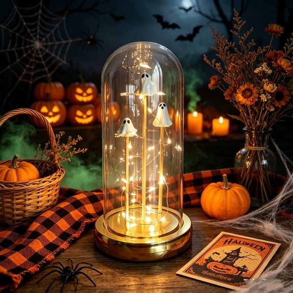 Halloween Ghost Night Light, Glass Cloche Table Lamp, Mini Ghost Figurine Dome with Warm Lights, Spooky Halloween Decor for Bedroom Nightstand, Ambient Lighting, Battery-powered