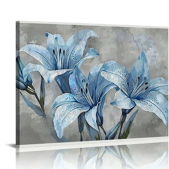 Jiayy Flower Canvas Wall Art Navy Blue Elegant lily flower Painting Picture Prints Home Living Room Bedroom Decor (Blue)