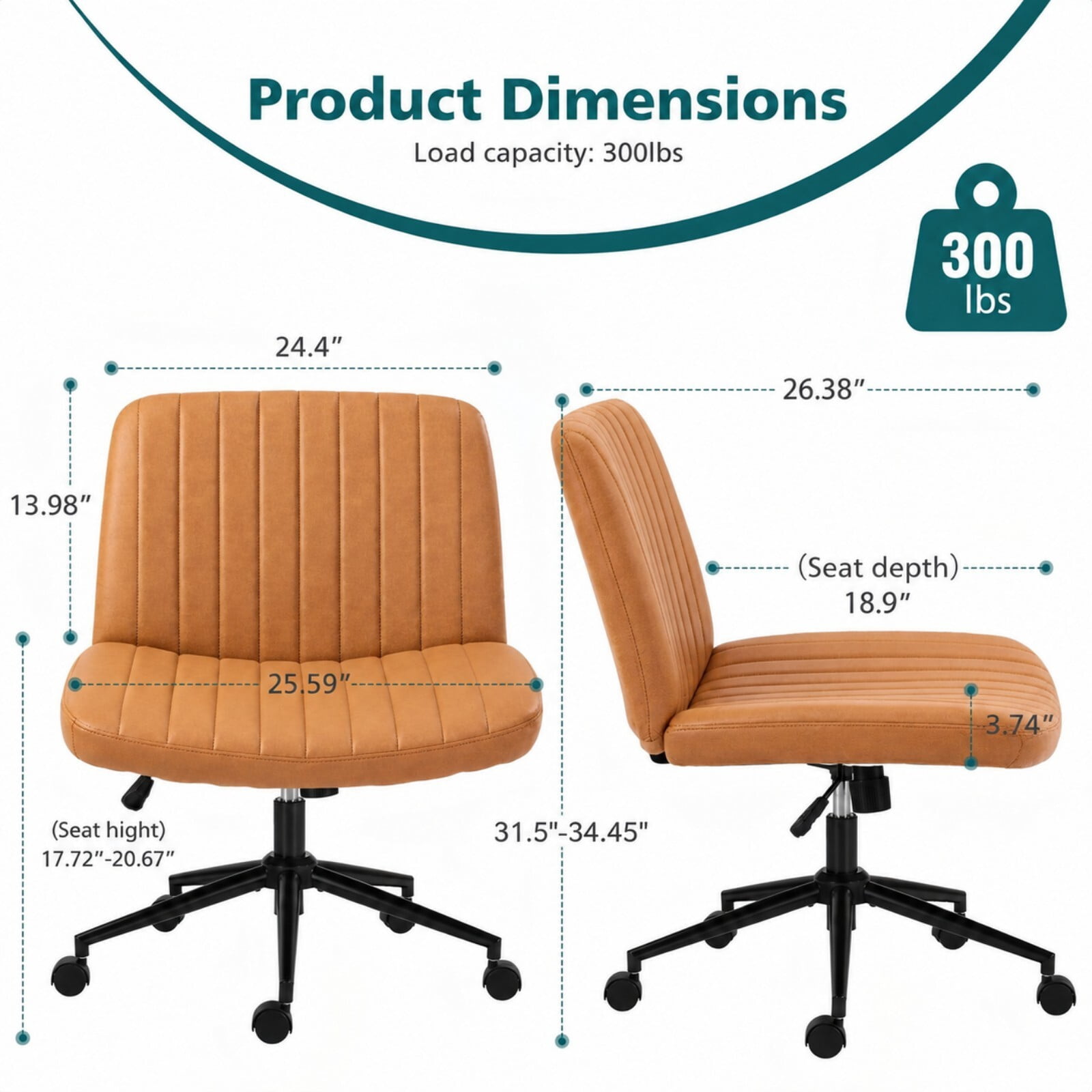 Kelno Armless Criss Cross Office Chair with Wheels 300lb Capacity Wide Seat Cross Legged Desk Chair Height Adjustable Swivel Vanity Chair, Brown PU