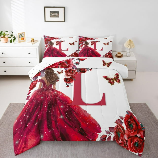 Erosebridal Ensemble de Literie Initiale Fleur, Ensemble de Couette Robe de Princesse, Couette Réversible Conte de Fées, Décoration de Chambre Super Confortable, 2 Pcs