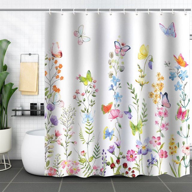 Cortina de ducha floral con 12 ganchos, cortina de ducha de planta de tela de poliéster impermeable para baño