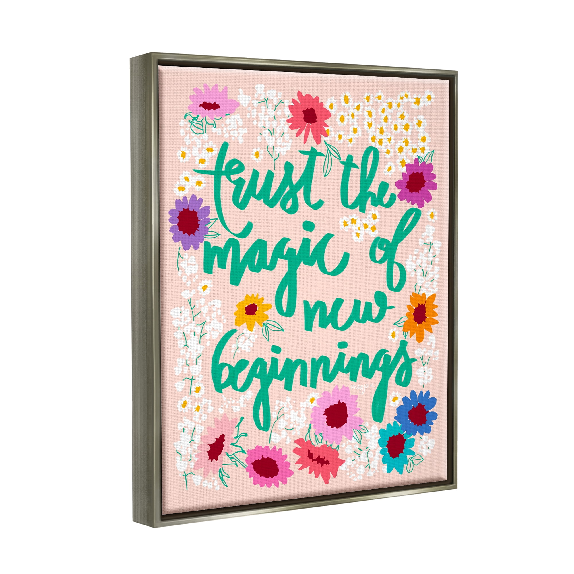 Stupell Industries New Beginnings Phrase Botanical & Floral Painting Gray Floater Framed Canvas Art Print Wall Art, 17 x 21