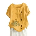 thumbnail image 2 of Women's Short Sleeve T-shirt Women'S Cotton And Linen Loose Fit Casual Sunflower Floral Print Short Sleeve Button Up Top,Yellow Women's Short sleeve T-shirt XL, 2 of 5